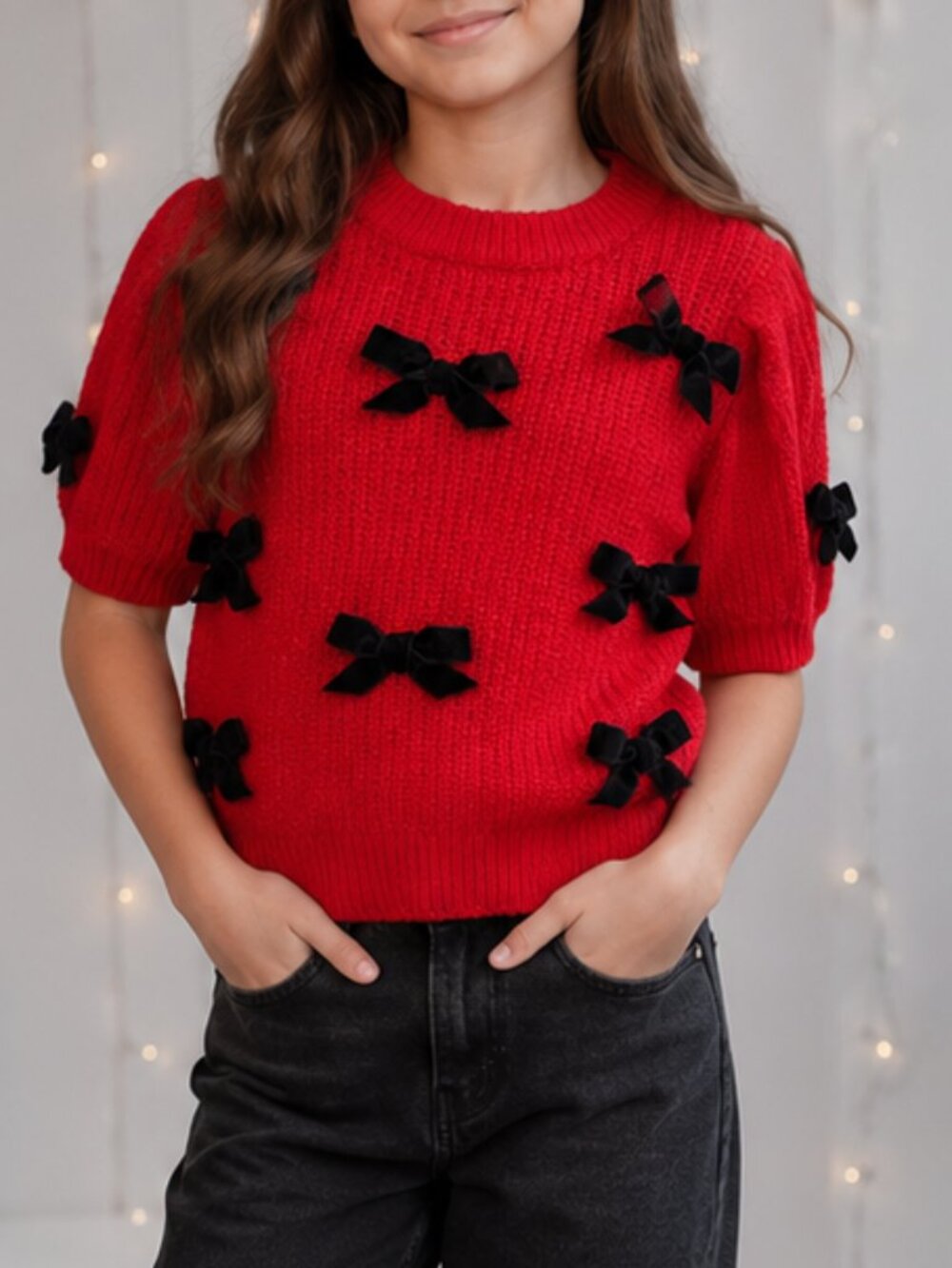GB Big Girls Red Sweater L (12/14) Bow Detail Short Sleeve NWT